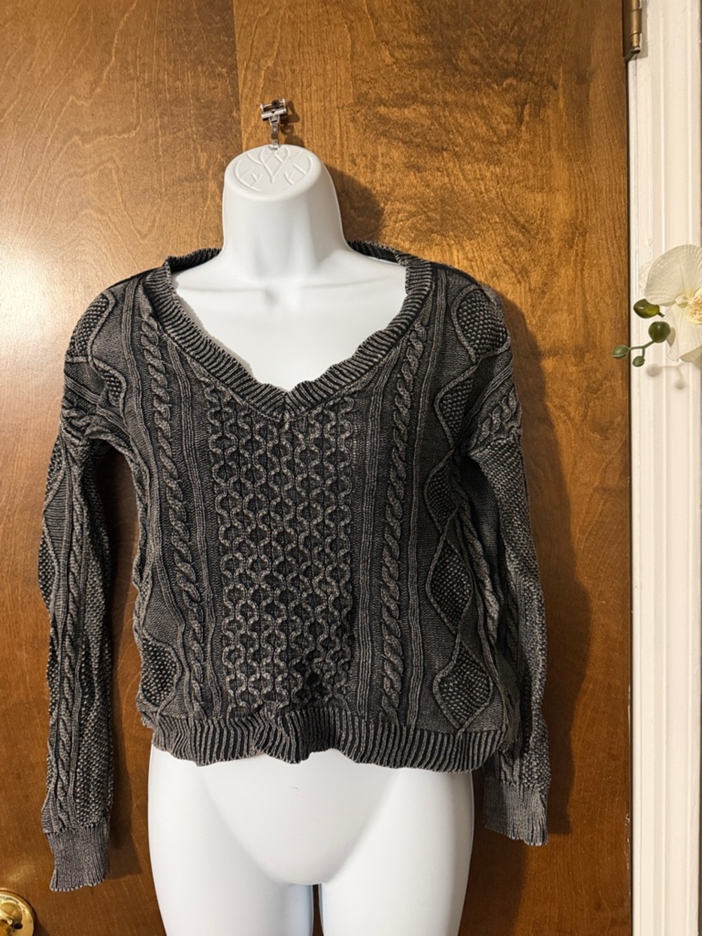 No Boundaries Charcoal Gray V-Neck Cable Knit Sweater